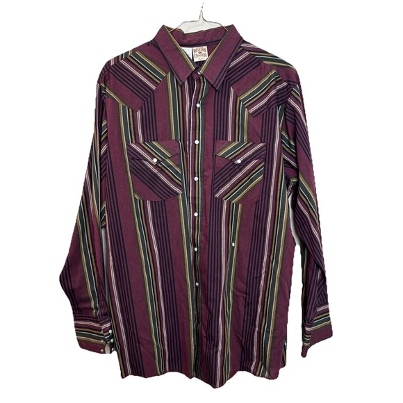Vintage Other - Vintage Western Frontier Shirt Mens 2XL Striped Pearl Snap Maroon Cowboy Rodeo